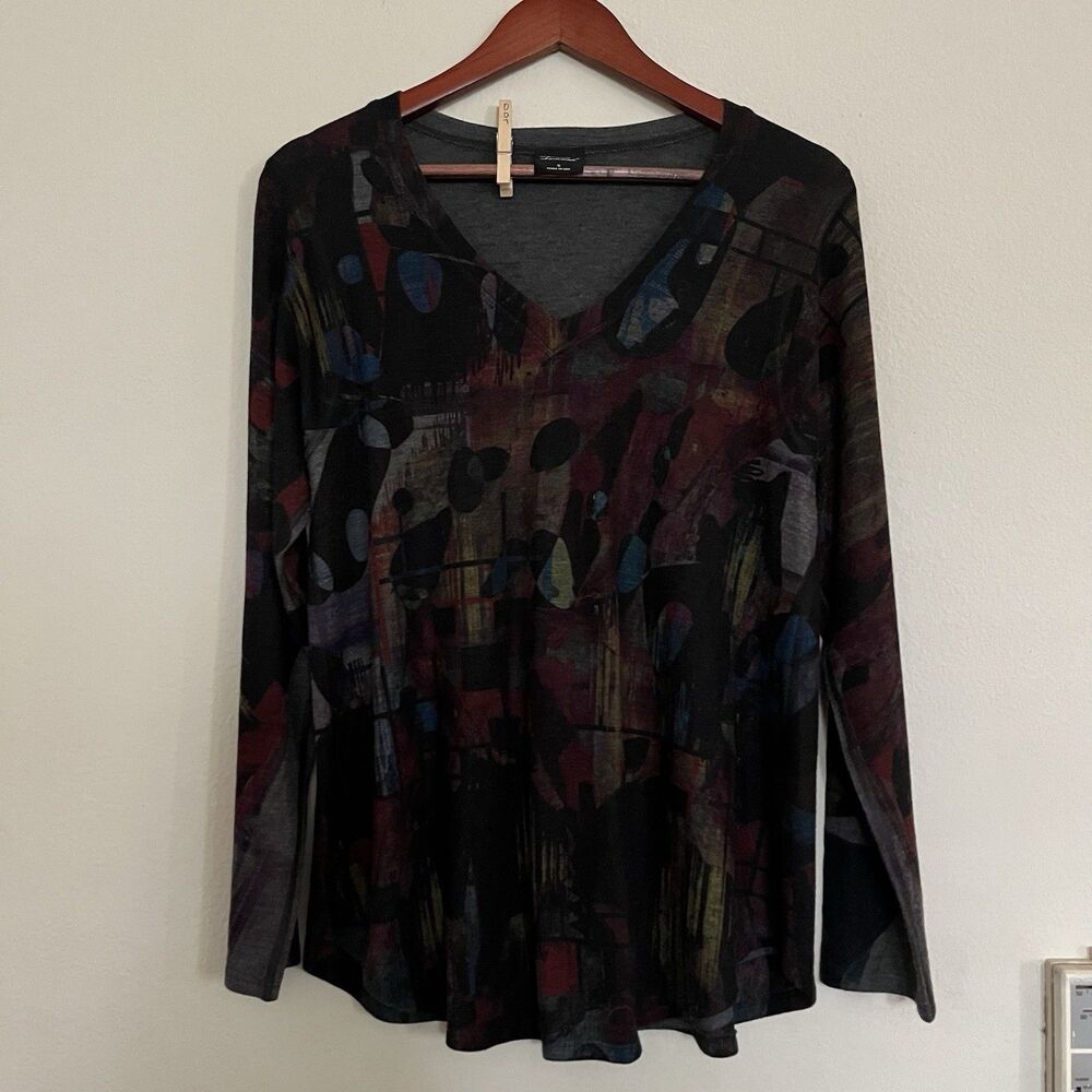INOAH Color Shades Top Artsy Art to Wear Long Sleeve V Neck USA Womens SZ S